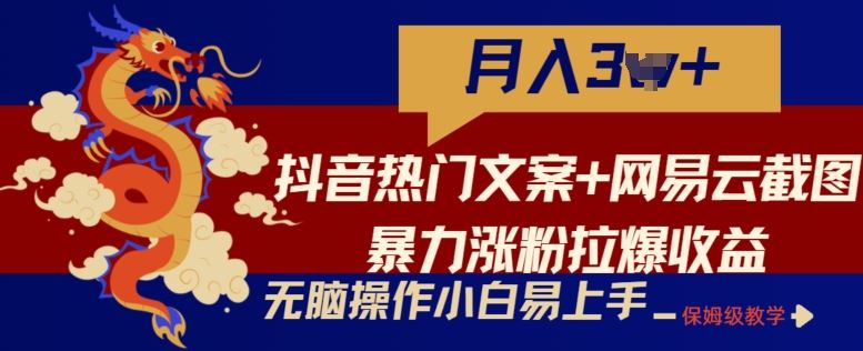 抖音热门文案+网易云截图暴力涨粉拉爆收益玩法，小白无脑操作，简单易上手【揭秘】-928网创
