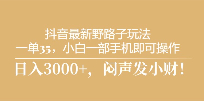 （10766期）抖音最新野路子玩法，一单35，小白一部手机即可操作，，日入3000+，闷…-928网创