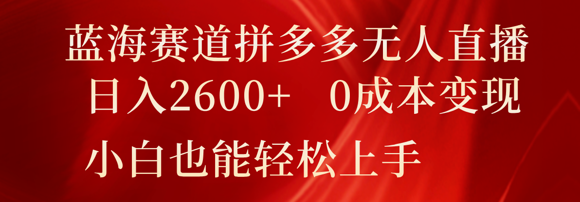 蓝海赛道拼多多无人直播，日入2600+，0成本变现，小白也能轻松上手-928网创