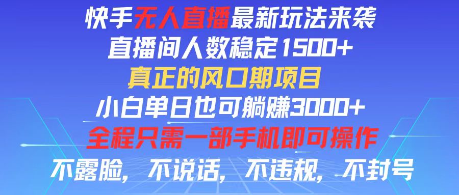 （11792期）快手无人直播全新玩法，直播间人数稳定1500+，小白单日也可躺赚3000+，…-928网创