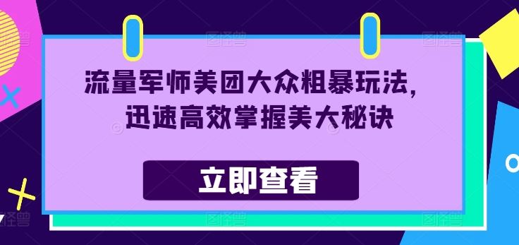 流量军师美团大众粗暴玩法，迅速高效掌握美大秘诀-928网创