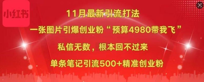 小红书11月最新图片打粉，一张图片引爆创业粉，“预算4980带我飞”，单条引流500+精准创业粉-928网创