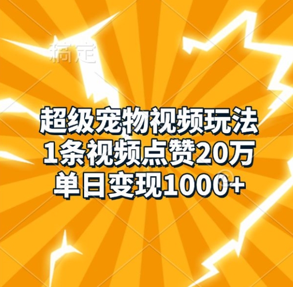 超级宠物视频玩法，1条视频点赞20万，单日变现1k-928网创
