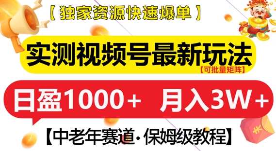 实测视频号最新玩法，中老年赛道，独家资源，月入过W+【揭秘】-928网创